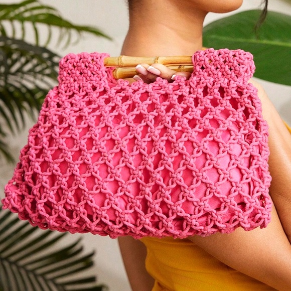 Boho Bamboo Top Handle Crochet Bag - Picture 7 of 13